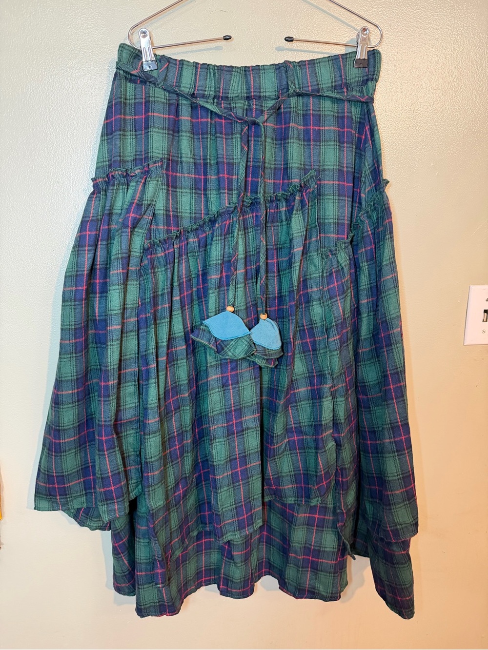 Classic Green Tartan  Plaid Tiered Midi Cottage Core Grunge Skirt XL